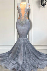 Silver Sequins Mermaid Sheer Tulle Prom Dress with Beads